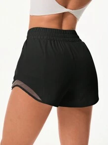 Powerista 纯色网眼面板拉链口袋运动短裤女士运动短裤、健身短裤、骑行短裤 - 黑色 - 查看 2