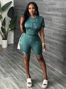 Slaydiva Elegant Green Tie-Dye Printed Slogan Bodycon T-Shirt And Leggings Set - Multicolor - View 6