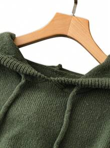 EMERY ROSE Plus Size Women's Solid Color Knitted Hooded Drawstring Raglan Sleeve Casual Pullover Sweatshirt, Minimalist Design, Autumn/Winter Fall - Dark Green - View 4