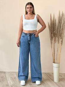 SHEIN Cottnline Plus Size High Waist Elastic Waist Wide Leg Jeans - Medium Wash - View 3