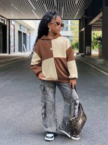 SHEIN Leap Crew Tween 女童拼色长袖休闲连帽套头衫 - 彩色 - 查看 3