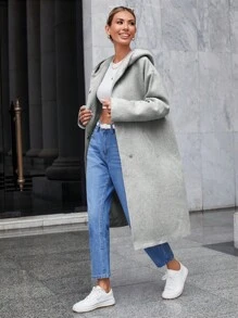 EURMUSE Drop Shoulder Hooded Overcoat - Grey - View 5