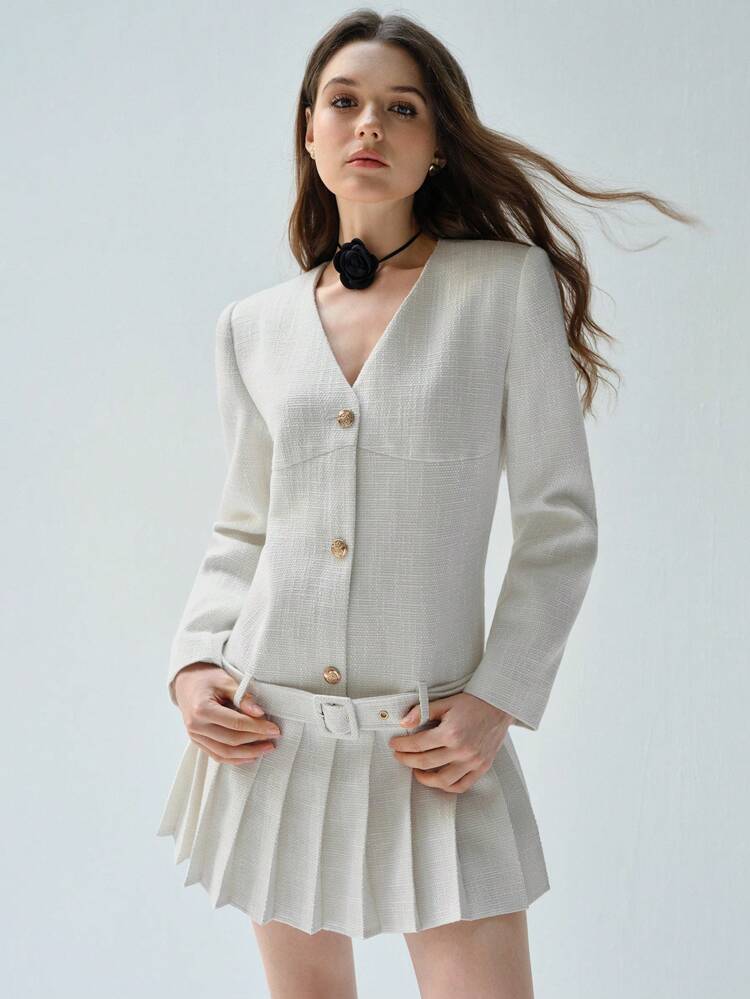 Fall Dress Women's White Tweed Metal Button Pleated Hem, Belt Decoration, Casual Long Sleeve Dress, Daily Commuting Fashion