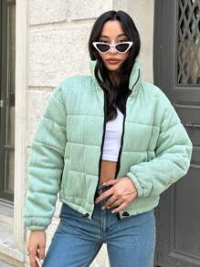 SHEIN Tall Women's Petite Corduray Puffer Coat - Green - View 6