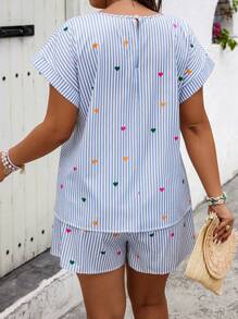 Calvaya Plus Size Women's Colorful Heart Print Striped Short Sleeve Top And Shorts 2pcs Set, Valentine, For Summer
