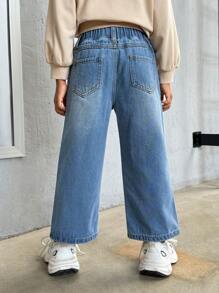 SHEIN 年轻女孩贴心口袋牛仔裤 - 深色水洗藍 - 查看 2