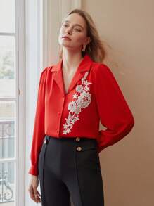 MOTF PREMIUM CLASSY LAPEL COLLAR EMBROIDERY FLORAL PATTERN LANTERN SLEEVE SHIRT - Red - View 4