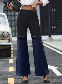 SHEIN Clasi 女式拼色金属扣装饰优雅喇叭裤 - 霧霾藍 - 查看 6