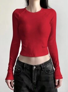 INAWLY Women Spring And Summer Gothic Letter Print Round Neck Raglan Long Sleeves Cut Slim Fit T-Shirt Graphic Tees Women Tops For Spring - Red - View 2