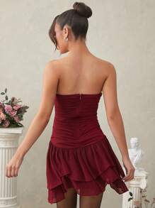 L'Amorae Women's Lace And Chiffon Dress With Ruching, Tiers, And Bows