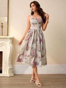 Chiquease Đầm thắt lưng in họa tiết màu pastel ngẫu nhiên lãng mạn thanh lịch cho nữ, mùa hè - Nhiều màu - Xem 3