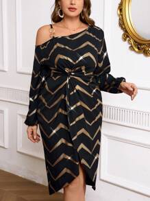 SHEIN Tall CURVE Asymmetrical Shoulder Chain & Twist Open Shoulder Cinched Waist Puff Sleeve Elegant Vintage Foil Print Plus Size Gold And Black Mid-Length Dress, Dress, New Years Dress Women, Sequin, Nye Outfit Women, Black Dress Elegant