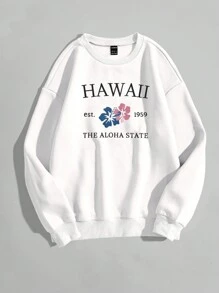 INAWLY 女士宽松落肩夏威夷图案刺绣仿真热转印运动衫 - 白色 - 查看 5