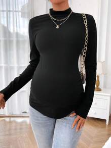 SHEIN Blusa casual de manga larga con cuello de cordón negro para maternidad