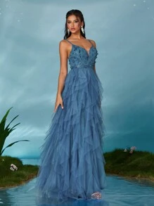 V-Neck Sexy 3D Embroidered Contrast Mesh Ruffle High Split Dress, Elegant Formal Evening Prom Gown, For Wedding Guest, Graduation, Dinner Party Dress Spring - Dusty Blue - View 3