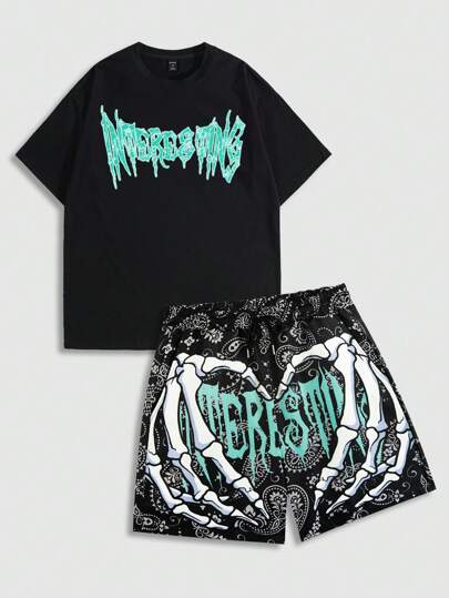 Street Life 2 Stücke Herren Set aus T-Shirt mit Portrait Muster und Shorts, Frühling & Sommer, Schule