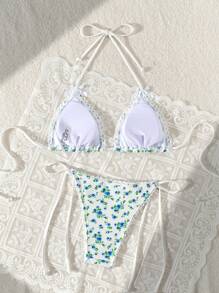 SHEIN Swim 女款夏季海灘花卉印花蝴蝶結裝飾掛脖露背綁帶比基尼套裝，隨機印花 - 藍色 - 查看 6