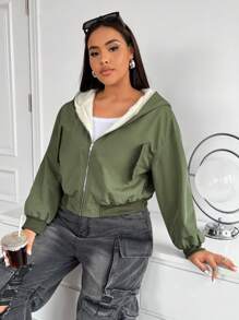 Flirla Plus Size Hooded Zip-Up Long Sleeve Casual Fashionable Jacket Fall Cloth For Women - Army Green - View 3