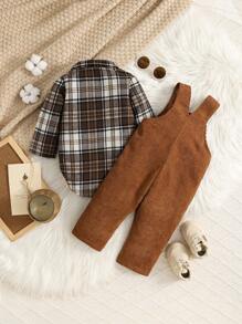 SHEIN Vintaside Kids 男婴格子灯芯绒围兜连体衣套装，秋冬款，圣诞节 - 棕色 - 查看 2
