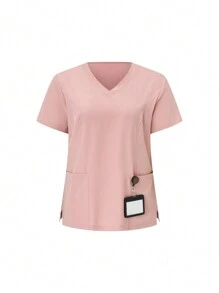 SHEIN TaskFit Plus Size Solid Color Double Pocket Scrub Top And Pants, Uniform 2-Piece Set - Dusty Pink - View 6