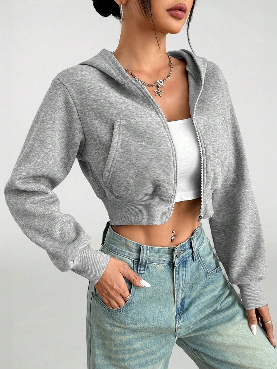 SHEIN PETITE Y2k 秋冬拉链短款连帽衫 - 灰色 - 查看 1