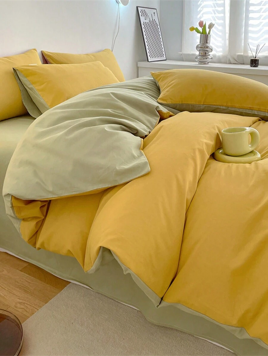 3pcs Yellow And Green Dorm Bedding Duvet Cover Set With Pillowcase - Yellow - View 1