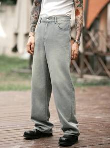 Manfinity Roghcode Y2K Vintage Streetwear Light Blue Distressed Wide Leg Baggy Jeans For Men - Light Wash - View 3