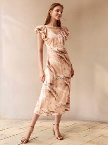 MOTF PREMIUM ALLOVER PRINT V-NECK PUFF SLEEVE RUCHED WAIST DRESS - Rust Brown - View 7