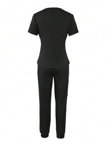 SHEIN Unity Casual Solid Color Short Sleeve Top & Pants Scrub Uniforms Set - Black - View 2