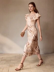 MOTF PREMIUM ALLOVER PRINT V-NECK PUFF SLEEVE RUCHED WAIST DRESS - Rust Brown - View 5