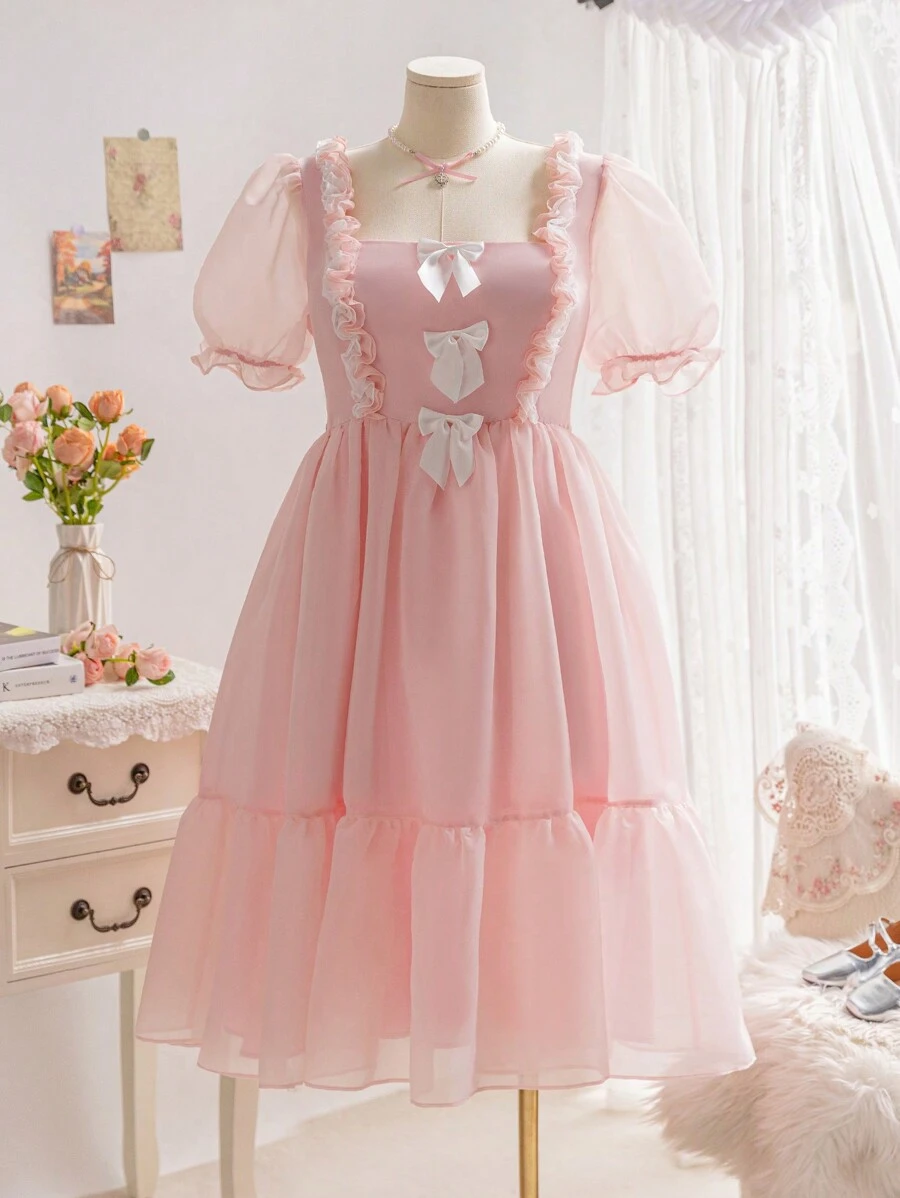 Soleia Plus Size Women's Holiday Pink Romantic Sheer Organza Puff Sleeve Dress With Ruffle Collar And Ruffle Hem A-Line - Pink - View 1