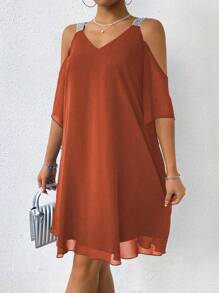SHEIN Clasi 女士 V 领露肩宽松网眼优雅连衣裙 - 鏽棕色 - 查看 6