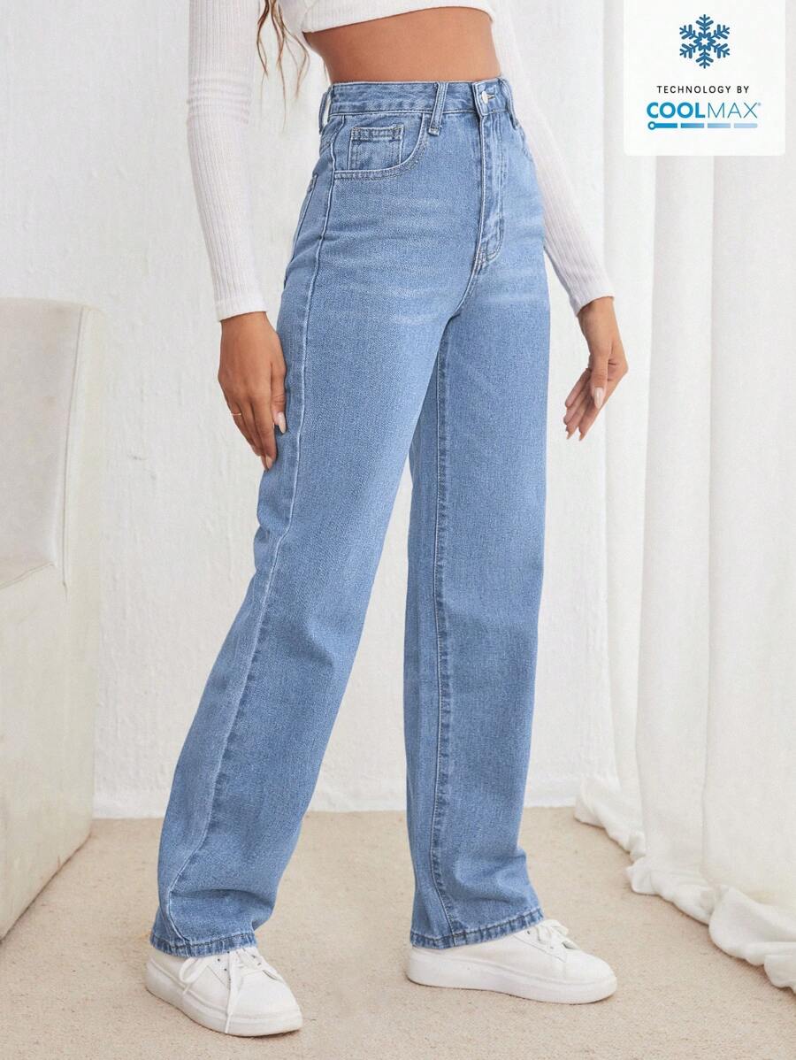 SHEIN Frenchy Phụ Nữ Nút Thắt Lưng Thẳng Xu Hướng Thời Trang Thông Thường Quần Denim Đa Năng - Rửa nhẹ - Xem 1