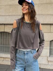 Bohemela Grey Open Shoulder Long Sleeve Crop Top For Ladies, Autumn - Grey - View 8