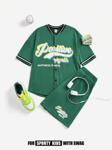 SHEIN 2pcs Tween Boy Letter Print Short Sleeve Shirt & Shorts Set - Green - View 5