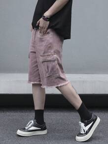 Manfinity EMRG 夏季男士纯色口袋流苏下摆休闲牛仔短裤 - 粉色 - 查看 6