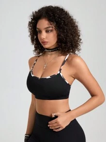 Easithlete Sujetador deportivo casual con estampado de leopardo, de tirantes finos y espalda descubierta con diseño cruzado para mujer - Negro - Ver 5