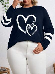 SHEIN LUNE Women's Plus Size Heart & Stripe Pattern Printed Drop Shoulder T-Shirt Graphic Tees Women Tops - Royal Blue - View 3