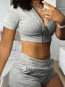 INAWLY Solva Women's Summer Solid Color Zip Up Hooded Crop Top And Drawstring Waist Shorts 2 Piece Going Out Set - Grey - View 1