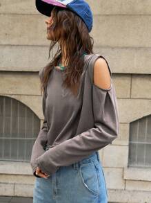 Bohemela Grey Open Shoulder Long Sleeve Crop Top For Ladies, Autumn - Grey - View 4