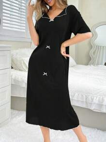 Women Solid Color Bow Decor Simple Casual Short Sleeve Loungewear Dress