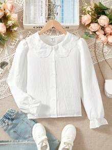 SHEIN Tween Girl Ruffle Collar Petal Trim White Blouse Suitable For Back To School - White - View 7