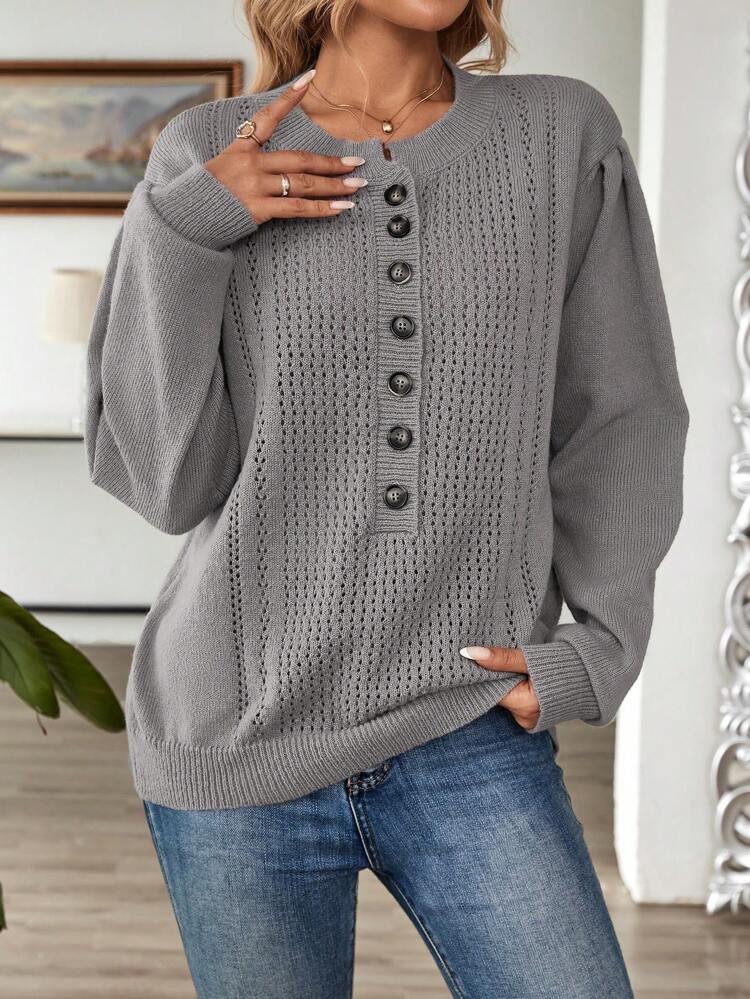 Women's Solid Crew Neck Button Front Drop Shoulder Casual Sweater Fall Women Sweaters Winter Women Clothes