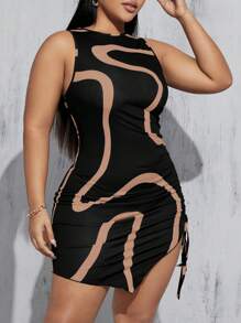 SHEIN Essnce Váy dây rút giảm béo vòng eo cỡ lớn mùa hè dành cho nữ,Váy bodycon Váy đường cong giản dị Váy mùa hè Váy mùa hè màu đen Váy đen trắng (Váy in bất đối xứng) - Màu Khaki - Xem 4