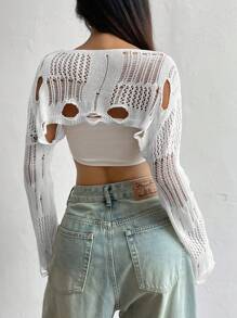 Flirla Áo len nữ tay dài cổ tròn, thiết kế khoét rỗng, kiểu dáng thời trang, thích hợp cho mùa thu đông. - trắng - Xem 2