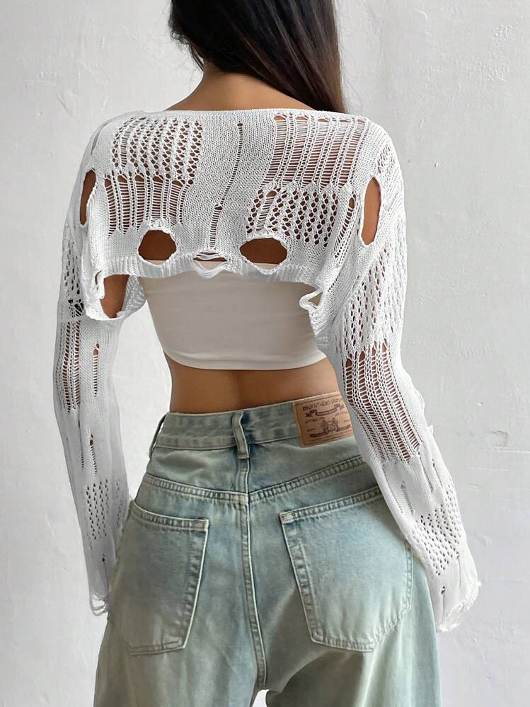 Flirla Women's Round Neck Distressed Hollow Design Long Sleeve