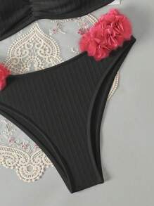 SHEIN Swim Women's 2pcs Swimwear Set - Ruffled Trim Backless Bandeau Top And Fashionable Bottom Summer - Black - View 3