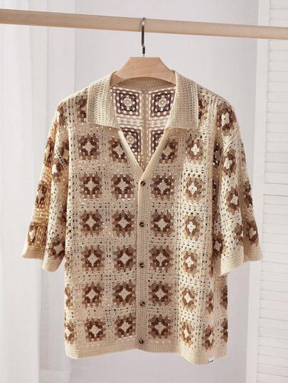 Manfinity Unisex Parte superior de punto de manga corta con botones de color contrastante, vintage, para amigos, urbano, cosas de pareja