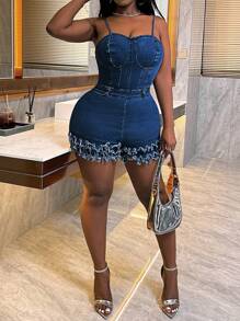 SHEIN Slayr Spaghetti Strap Back Zipper Ruffled Hem Fitted Denim Shorts, Casual Daily - Medium Wash - View 4