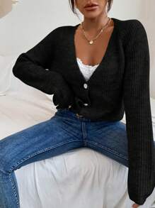 SHEIN LUNE Solid Color Long Sleeve Front Button Casual Black Cardigan - Black - View 3